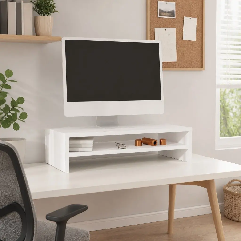 Monitor Stand White Solid Wood Pine Riser Desk Storage Shelf