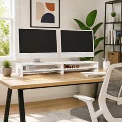 White Solid Wood Pine Monitor Stand with Storage Shelves