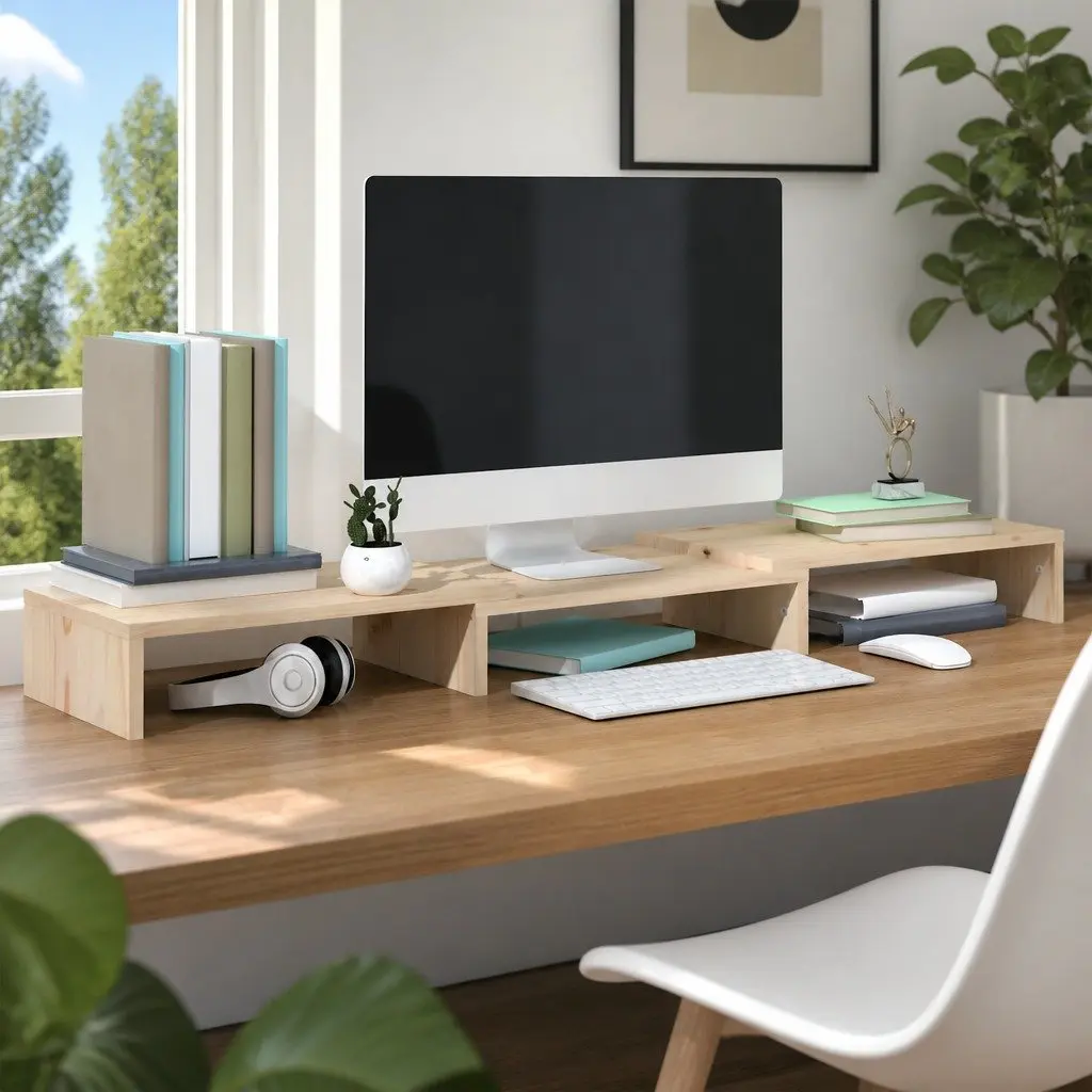 Monitor Stand Solid Wood Pine Riser Adjustable Shelves Brown 80cm