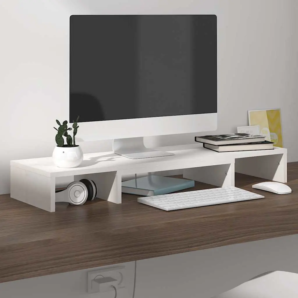 Monitor Stand White Solid Wood Pine Desk Riser Adjustable Storage