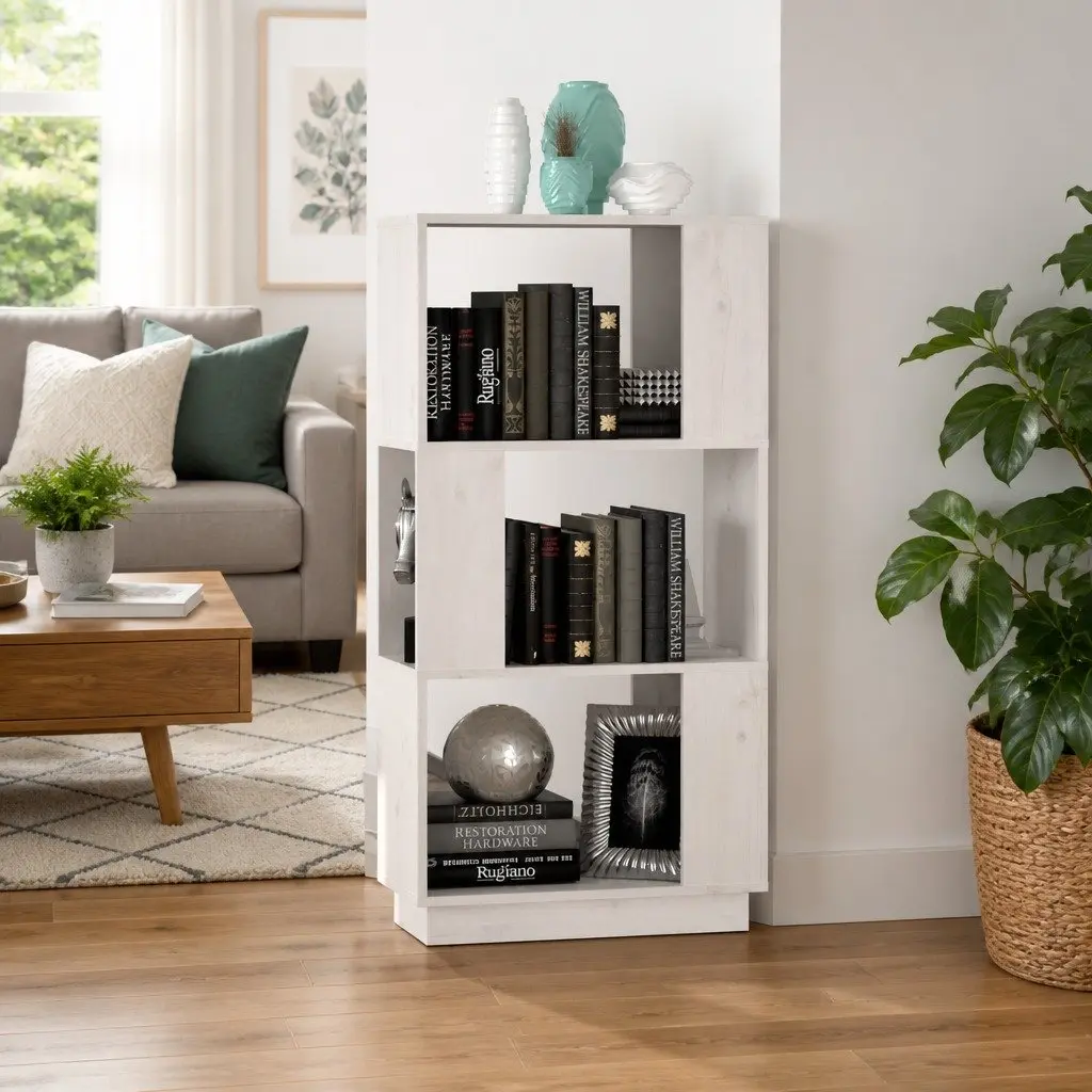 Book Cabinet Room Divider White Solid Pine Wood Shelving Storage Bookcase