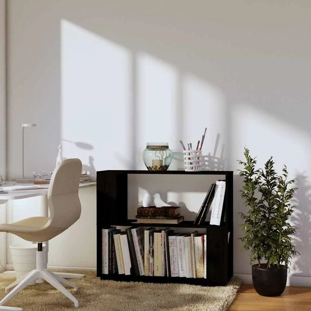 Room Divider Book Cabinet Black Solid Pine Wood 80Wx25Dx70H CM Rustic Bookshelf Storage