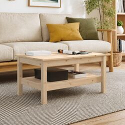 Brown Solid Pine Coffee Table with Storage Shelf