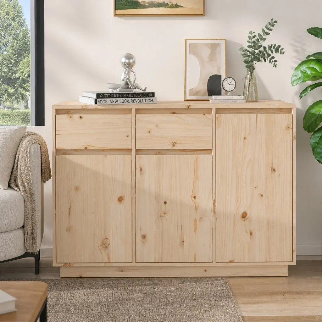 Brown Solid Pine Wood Sideboard Cabinet 110cm