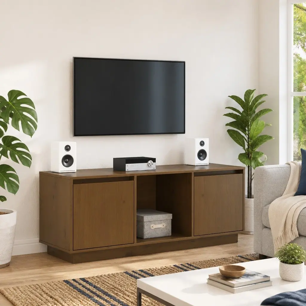 Solid Pine Wood TV Cabinet in Honey Brown
