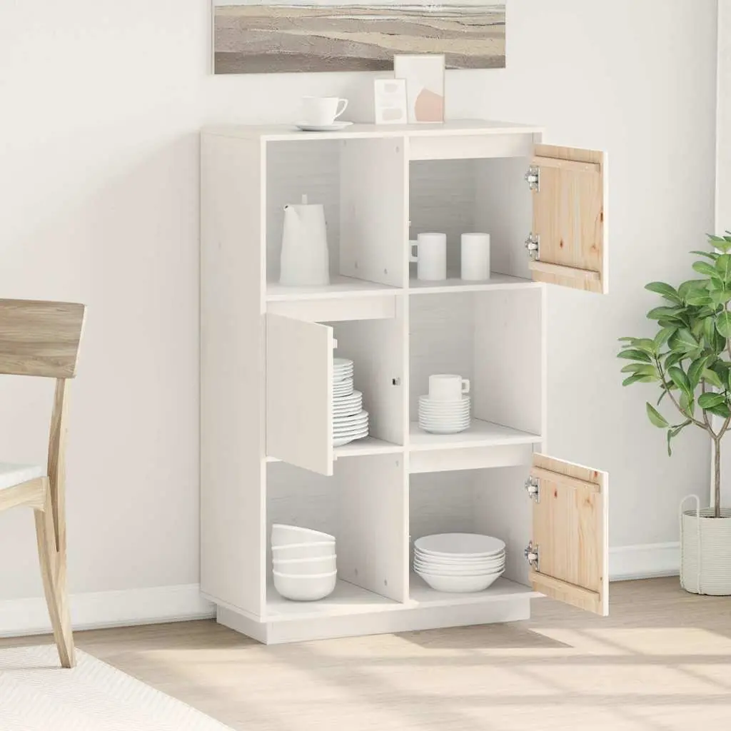 White Solid Pine Wood Highboard Storage Cabinet 74x35x117cm