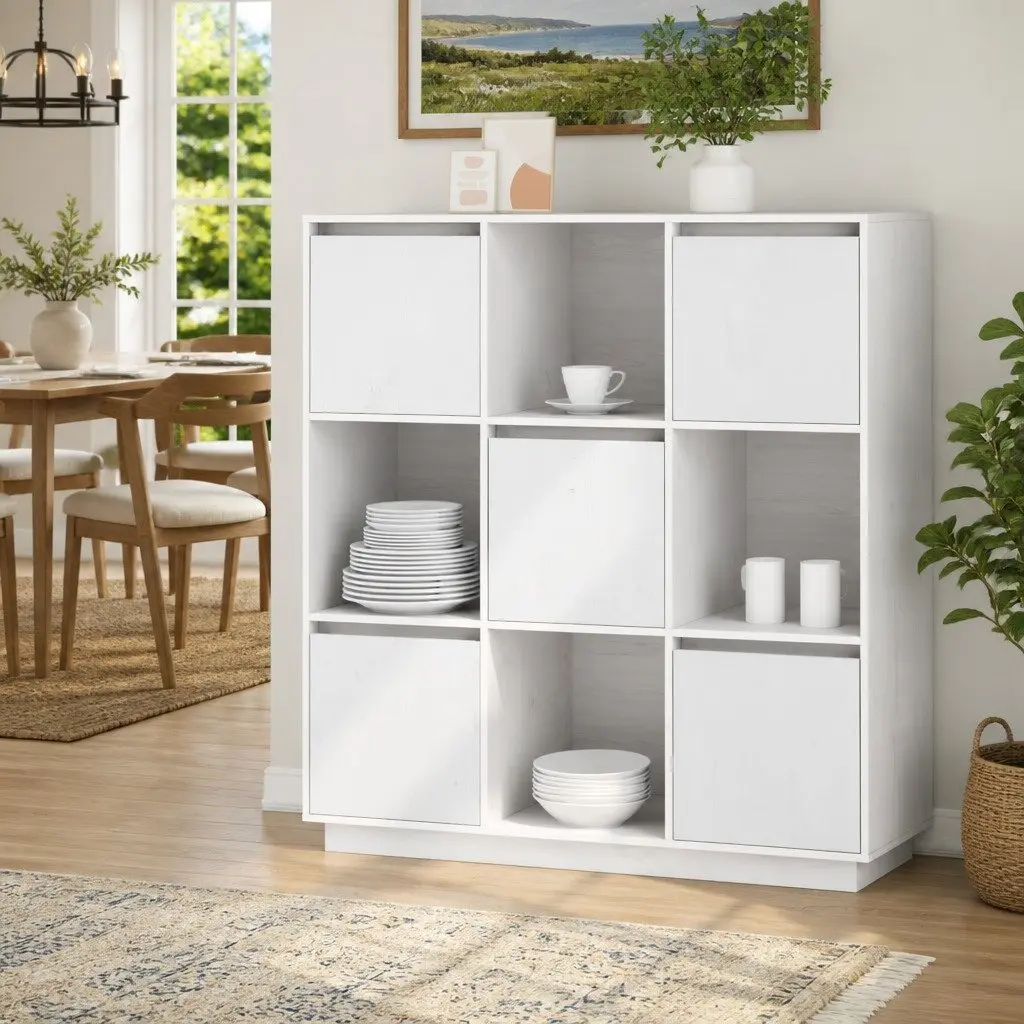 Highboard Cabinet White 5-Door Storage Sideboard Buffet Solid Pine Wood