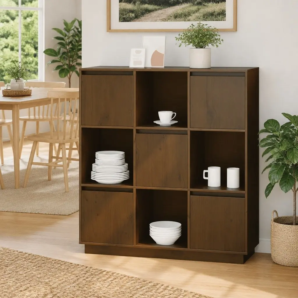 Highboard Storage Cabinet with 5 Doors Brown Solid Pine Wood Modern Furniture