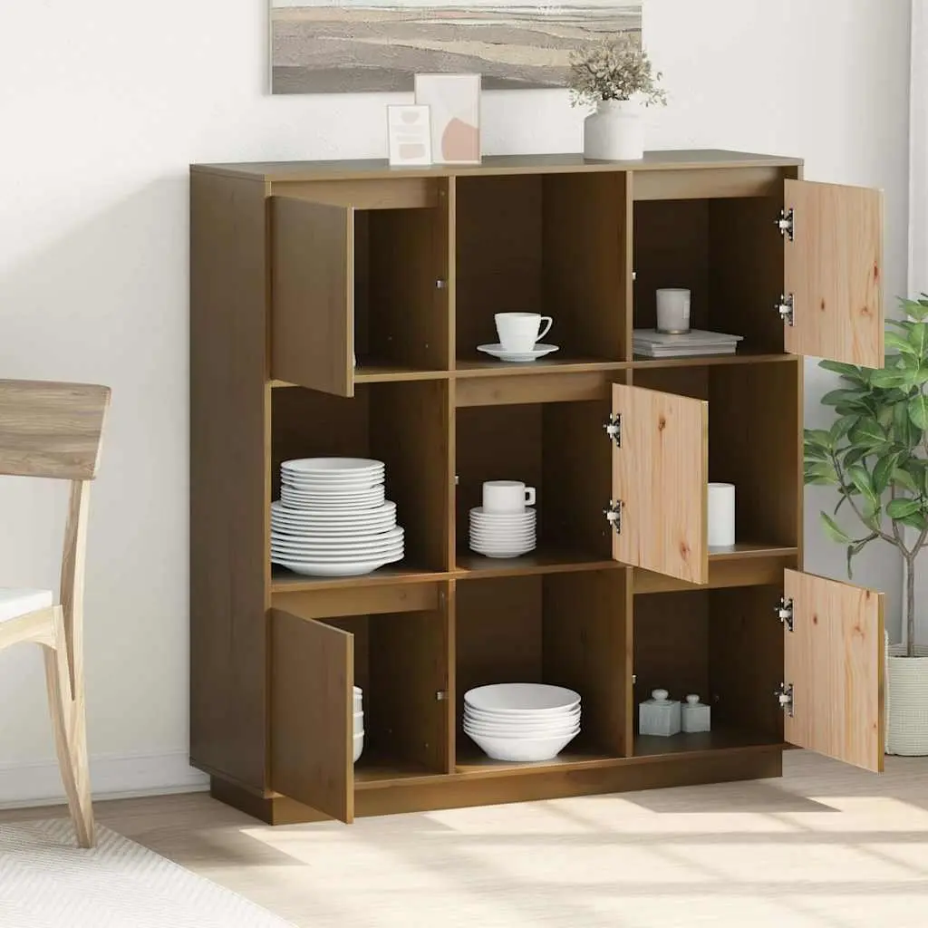 Highboard Storage Cabinet with 5 Doors Brown Solid Pine Wood Modern Furniture