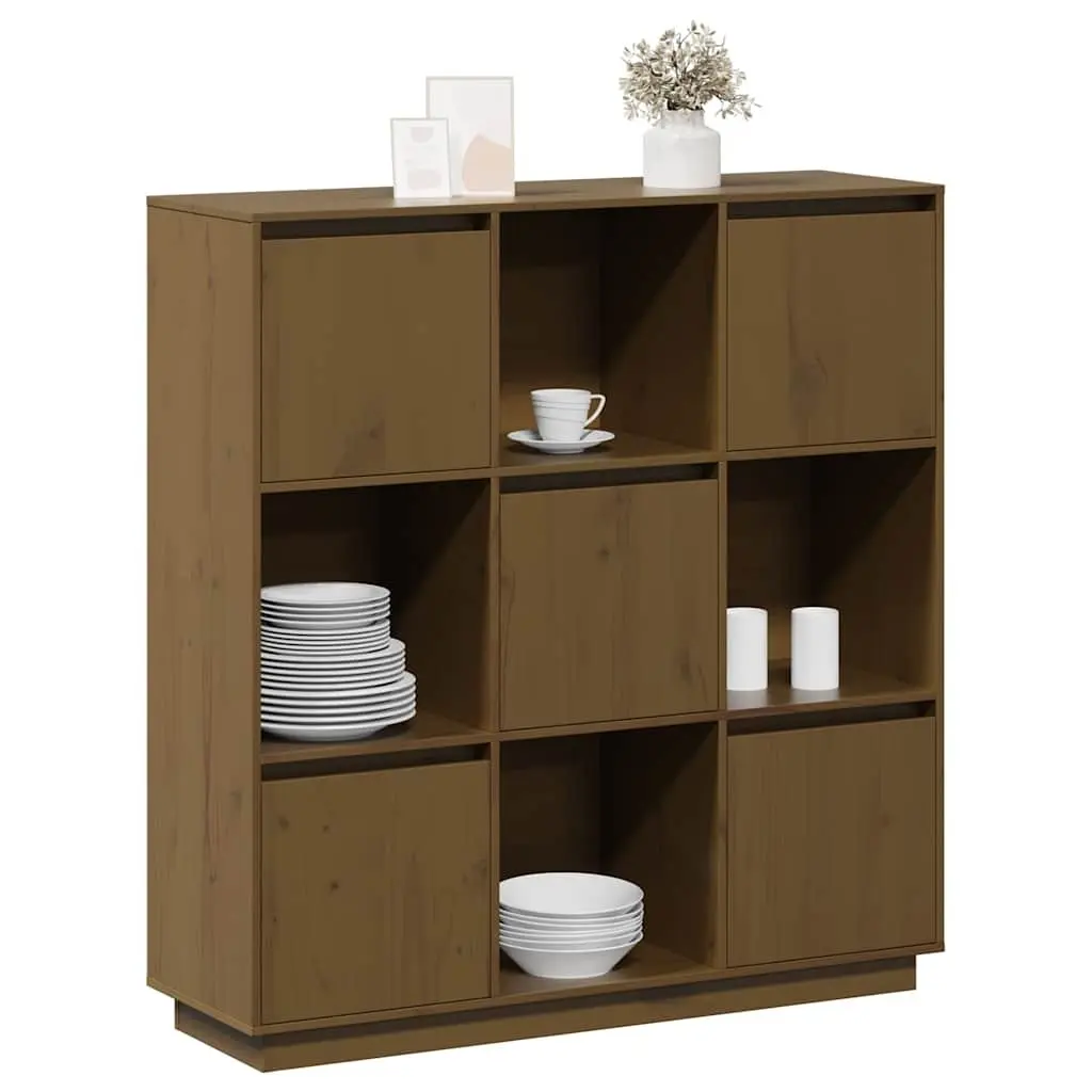 Highboard Storage Cabinet with 5 Doors Brown Solid Pine Wood Modern Furniture