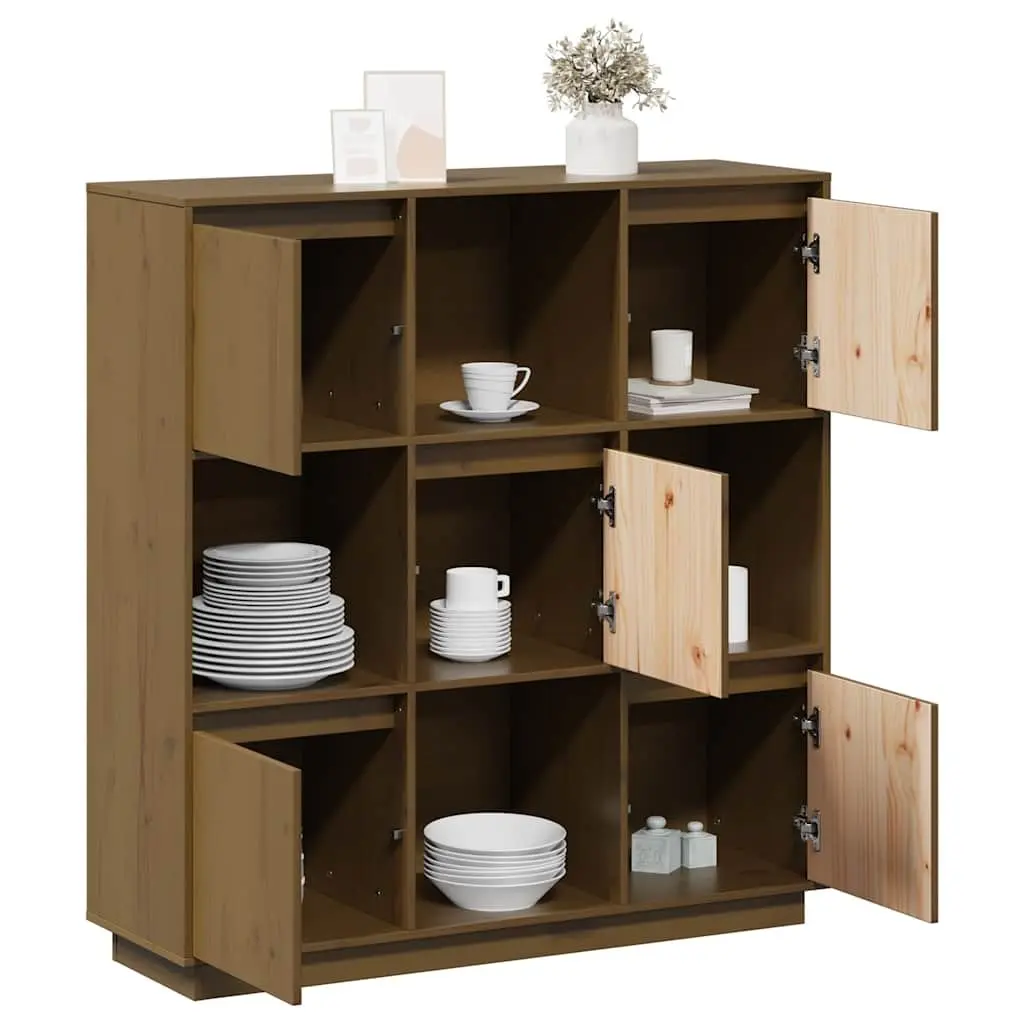 Highboard Storage Cabinet with 5 Doors Brown Solid Pine Wood Modern Furniture