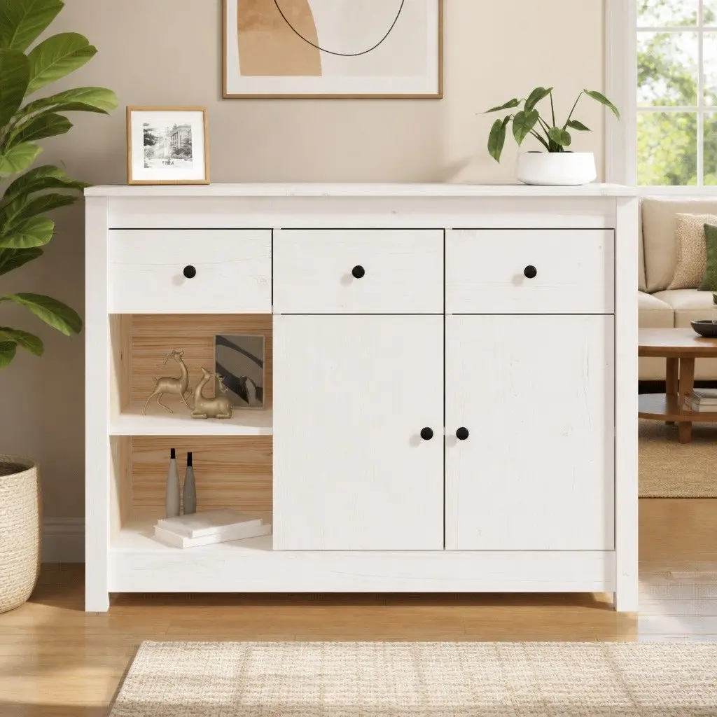 Wooden Sideboard White 100 x 35 x 74 cm Solid Pine Wood 3 Drawers 6 Compartments