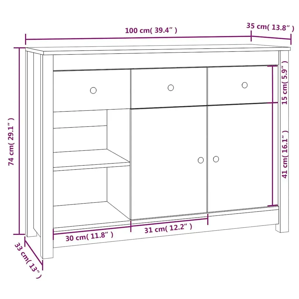 Wooden Sideboard White 100 x 35 x 74 cm Solid Pine Wood 3 Drawers 6 Compartments