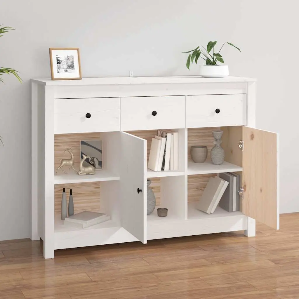 Wooden Sideboard White 100 x 35 x 74 cm Solid Pine Wood 3 Drawers 6 Compartments