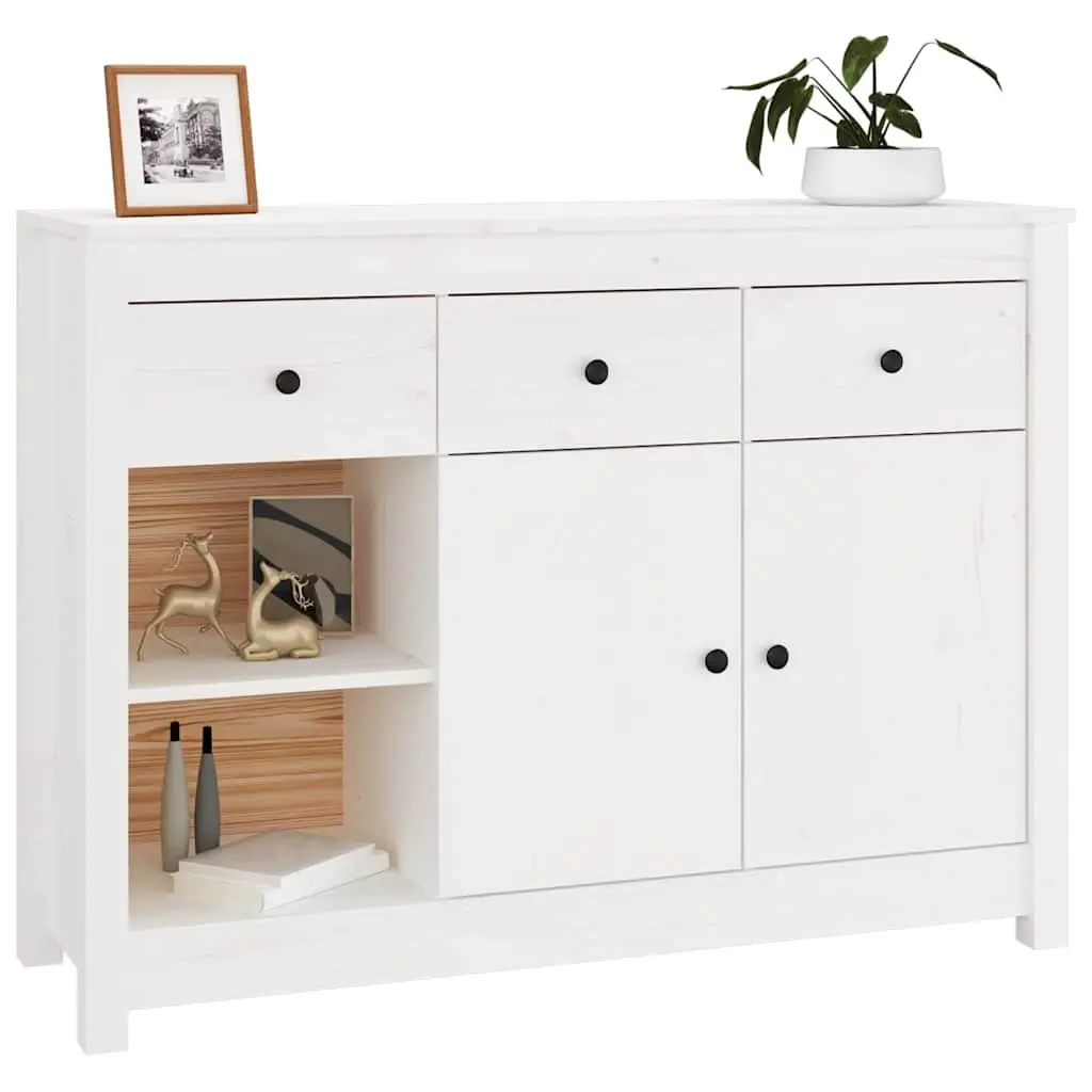 Wooden Sideboard White 100 x 35 x 74 cm Solid Pine Wood 3 Drawers 6 Compartments