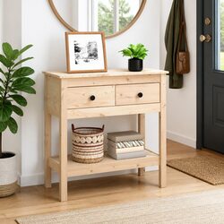 Solid Pine Wood Console Table with 2 Drawers and Shelf