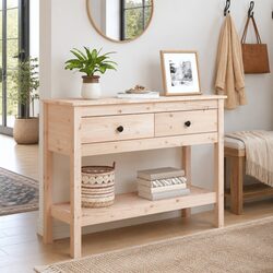 Solid Pine Wood Console Table with 2 Drawers