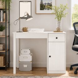 White Solid Wood Pine Desk with Storage Drawer 100x50x75 cm