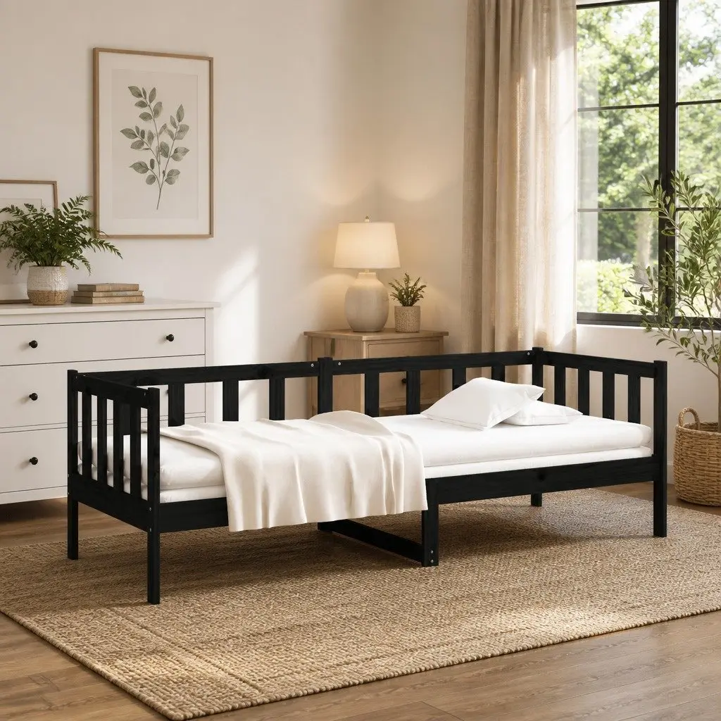 Black Solid Pine Wood Day Bed 90x190cm with Slatted Base