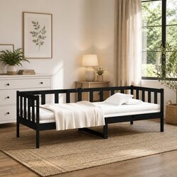 Black Solid Pine Wood Day Bed 90x190cm with Slatted Base
