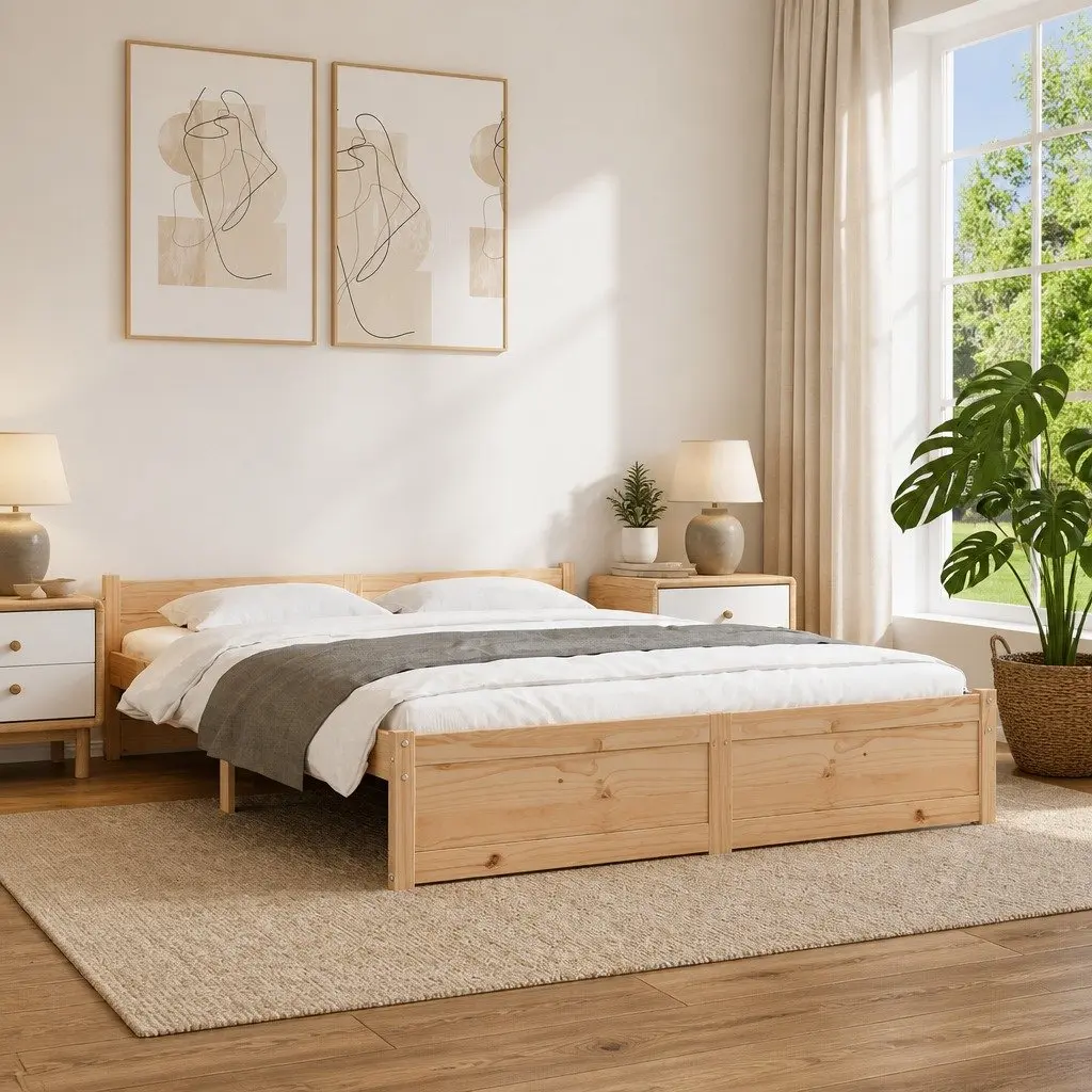 Brown Solid Wood Bed Frame 135x190cm with Slatted Base