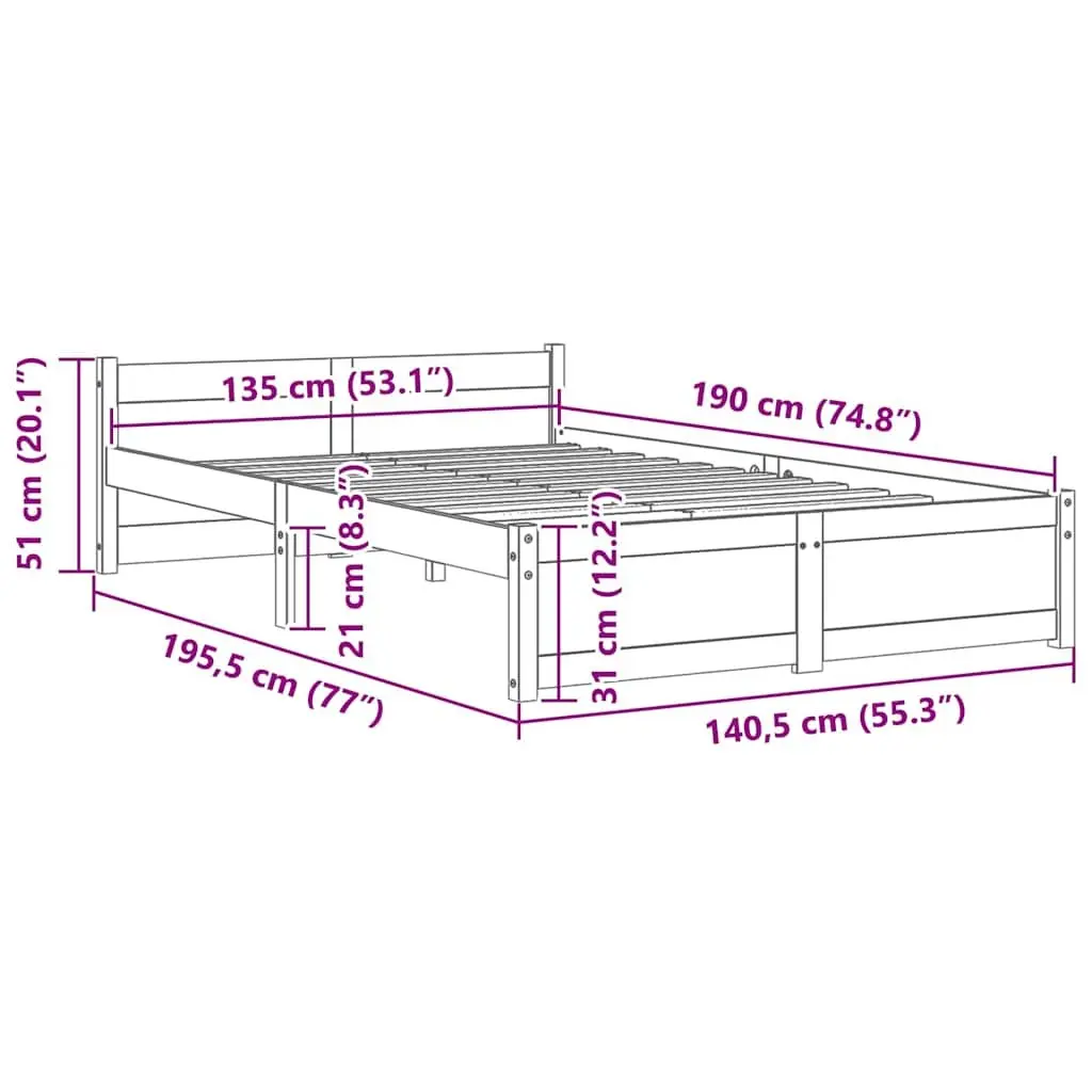 Brown Solid Wood Bed Frame 135x190cm with Slatted Base
