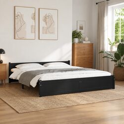 Solid Pine King Bed Frame 183x203cm Black with Headboard