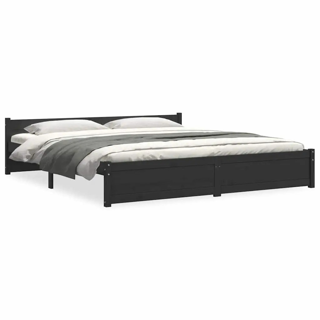 Solid Pine King Bed Frame 183x203cm Black with Headboard
