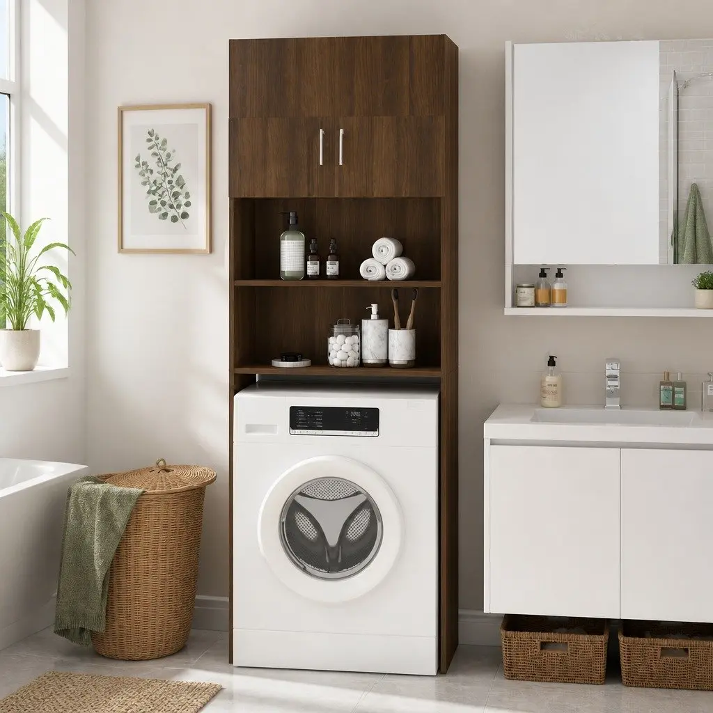 Washing Machine Cabinet Brown Oak Storage Bathroom Laundry Organizer Engineered Wood 64 x 25.5 x 190 cm