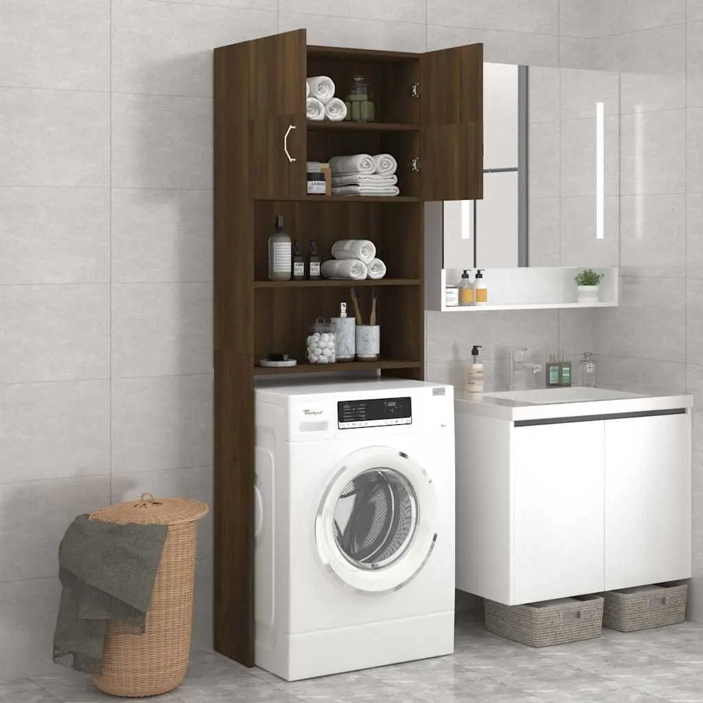 Washing Machine Cabinet Brown Oak Storage Bathroom Laundry Organizer Engineered Wood 64 x 25.5 x 190 cm