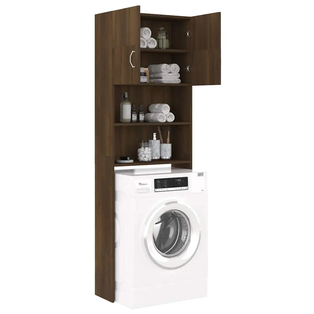 Washing Machine Cabinet Brown Oak Storage Bathroom Laundry Organizer Engineered Wood 64 x 25.5 x 190 cm