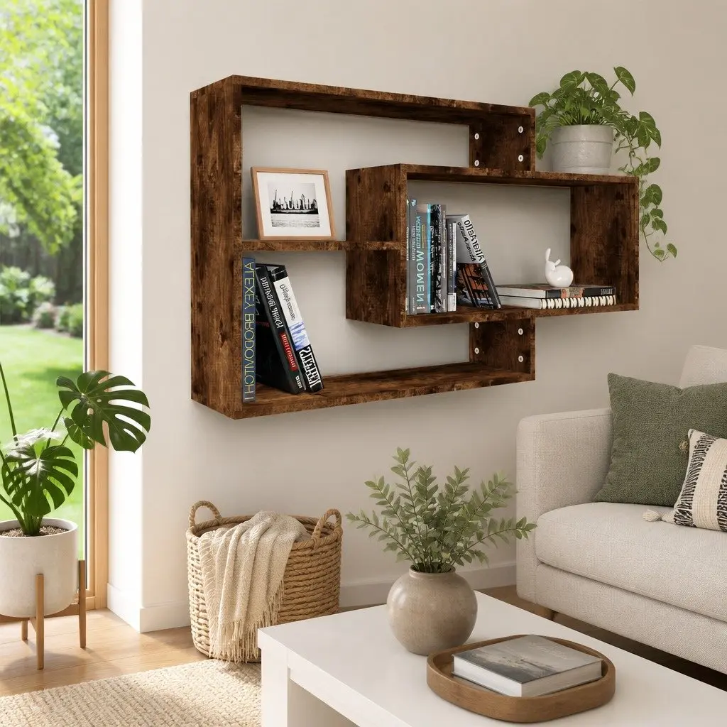 Engineered Wood Wall Shelf Brown Open Storage Display 3 Compartments