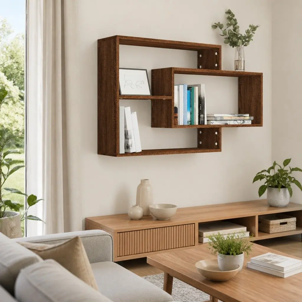 Wall Shelf Brown Oak 3 Compartments Engineered Wood Floating Storage Display Unit