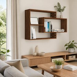 Brown Oak Wall Shelf with 3 Open Compartments