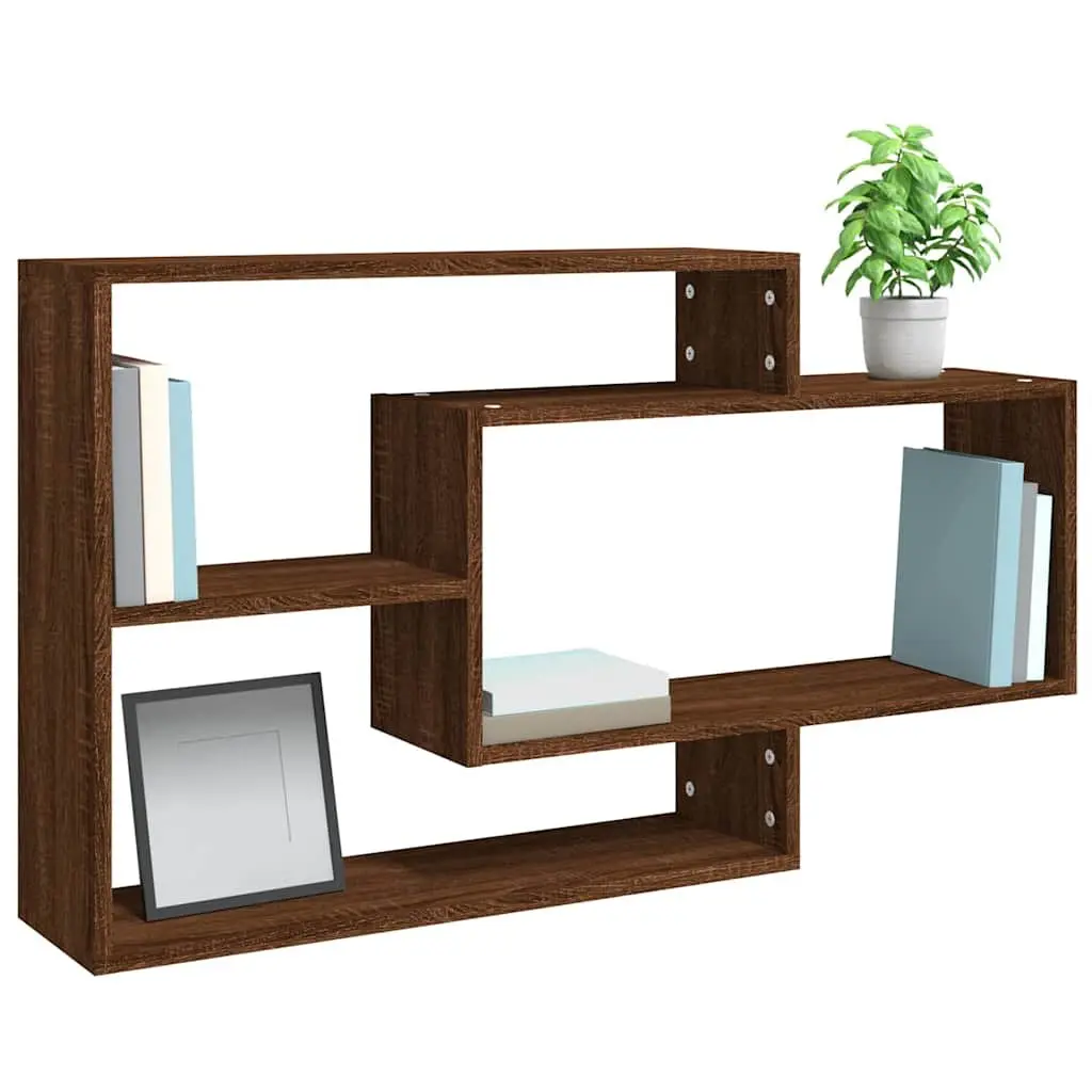 Wall Shelf Brown Oak 3 Compartments Engineered Wood Floating Storage Display Unit
