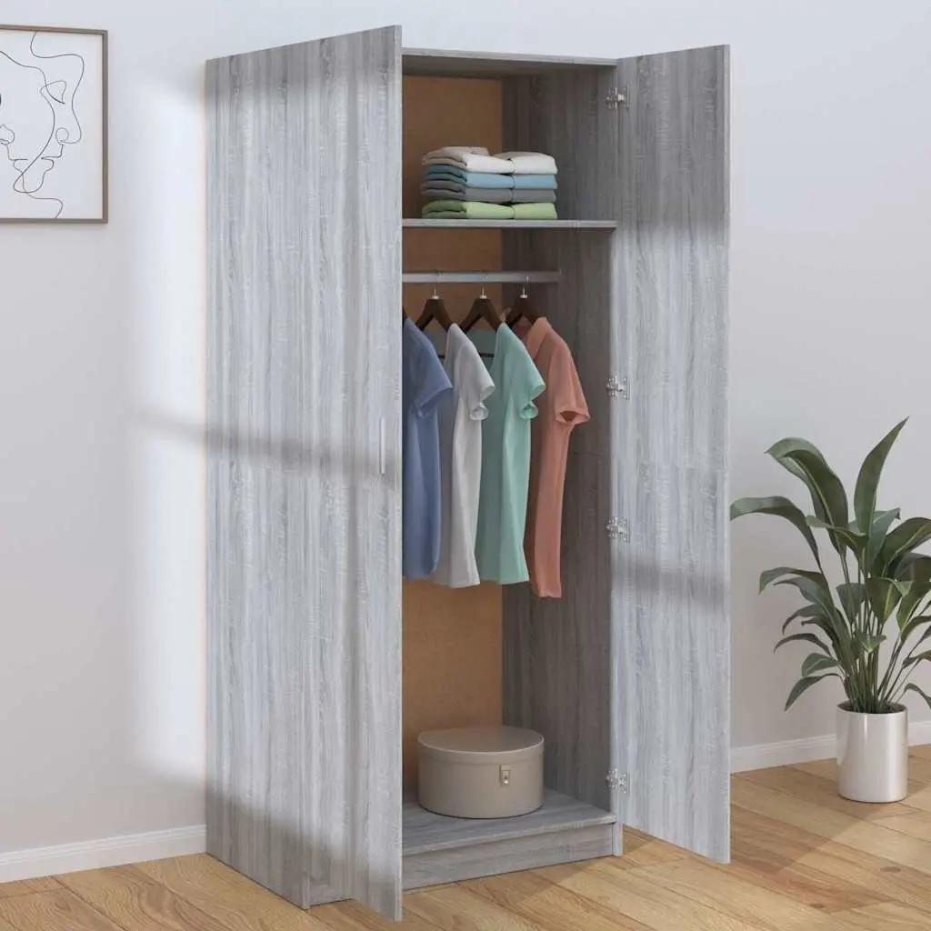 Wardrobe Grey Sonoma 80x52x180 cm Engineered Wood Storage Cabinet with Hanging Rod and Doors