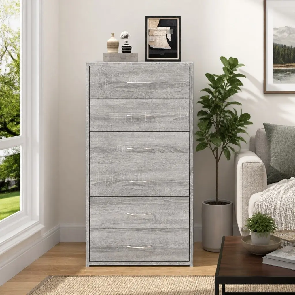 Sideboard Grey 6 Drawer Storage Cabinet Engineered Wood Furniture