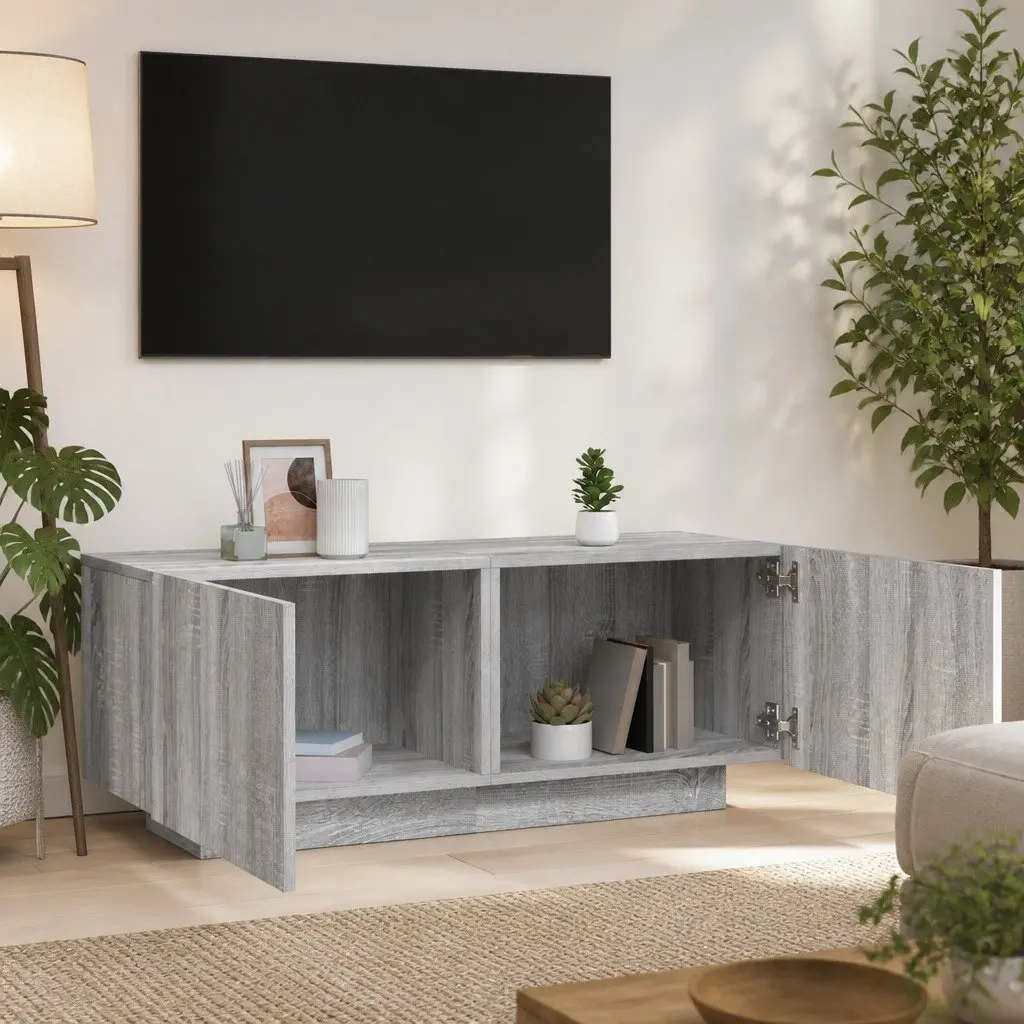 TV Cabinet Grey Engineered Wood Media Unit 100W x 35D x 40H cm Storage Compartments