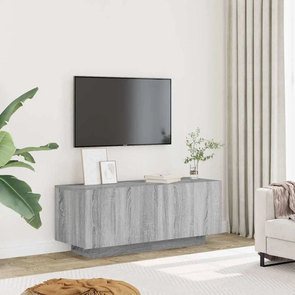 TV Cabinet Grey Engineered Wood Media Unit 100W x 35D x 40H cm Storage Compartments