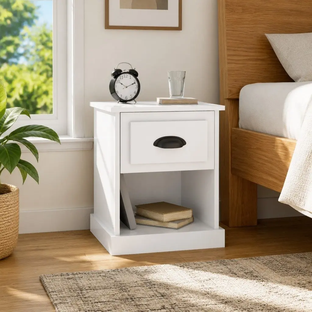 Bedside Cabinets Set of 2 White High Gloss Nightstand Storage Drawer Compartment Engineered Wood 39 x 39 x 47.5 cm