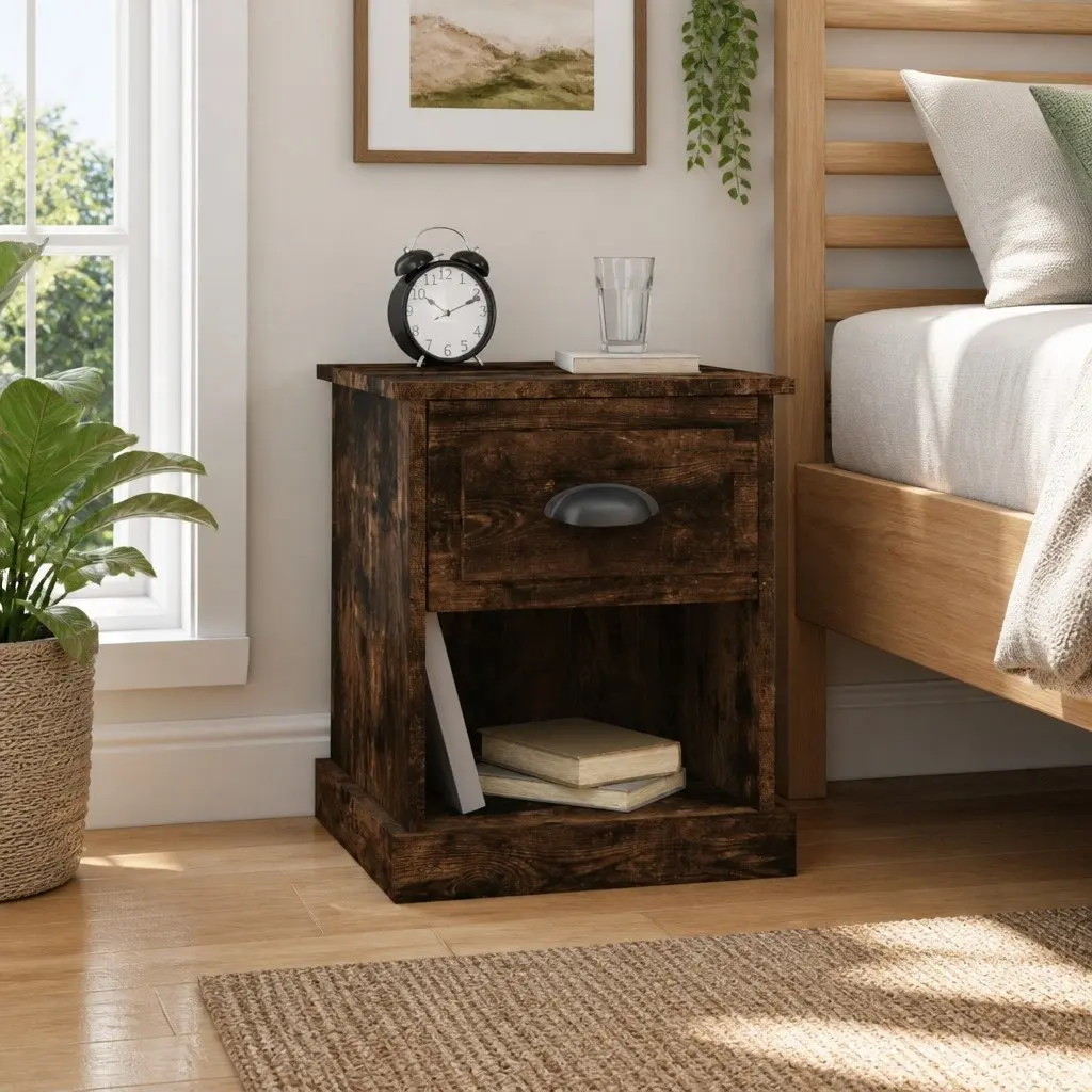 Bedside Tables Smoked Oak 2 Piece Engineered Wood Nightstand Drawer Side Table