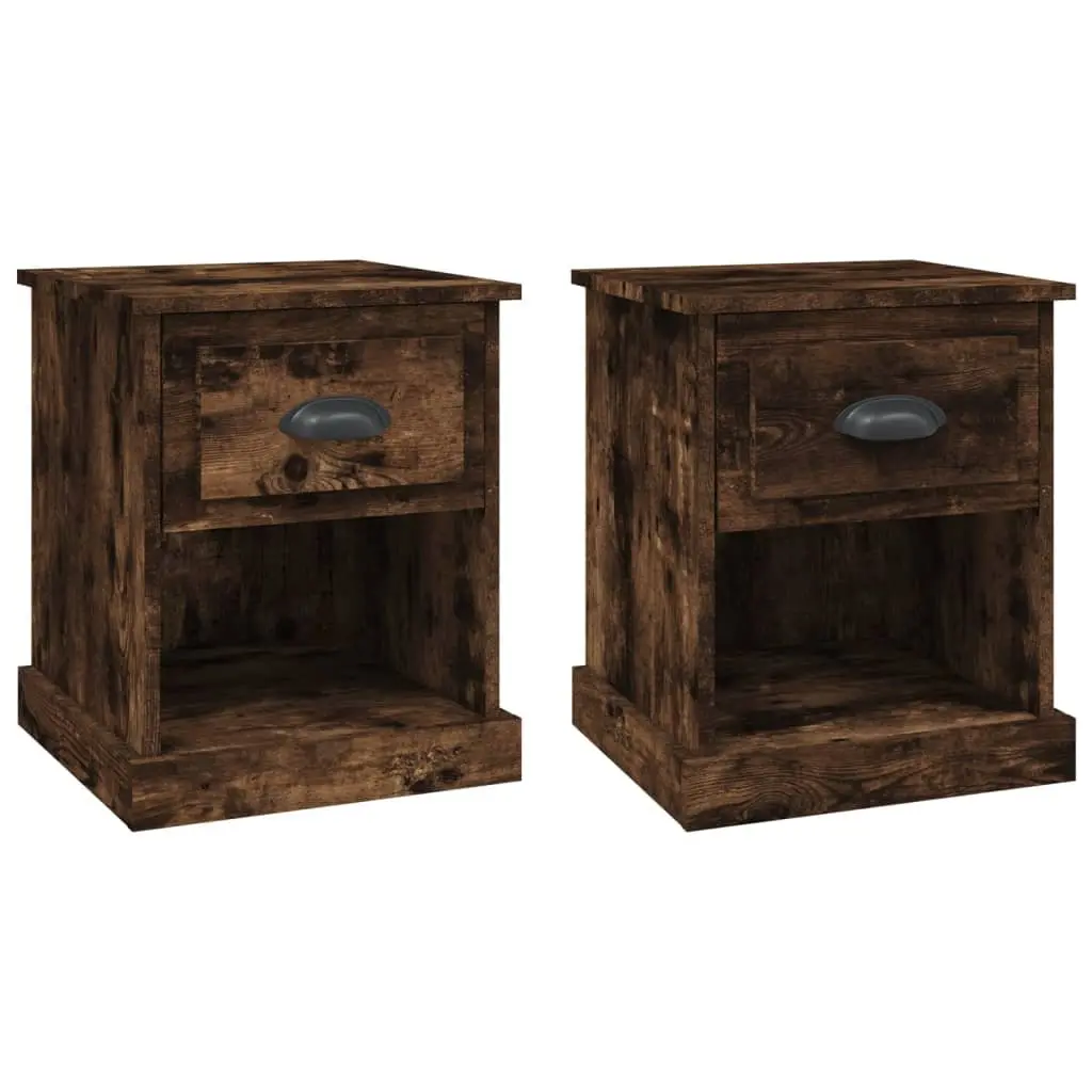 Bedside Tables Smoked Oak 2 Piece Engineered Wood Nightstand Drawer Side Table