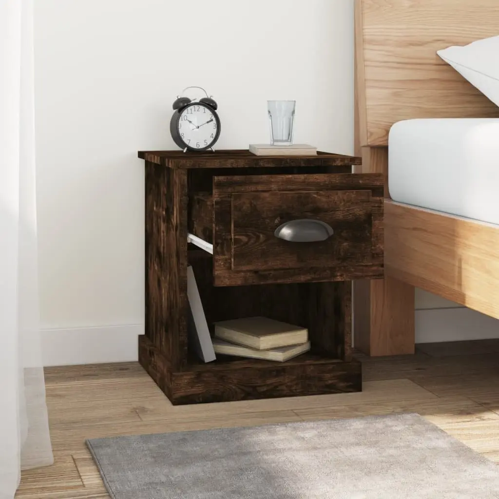 Bedside Tables Smoked Oak 2 Piece Engineered Wood Nightstand Drawer Side Table