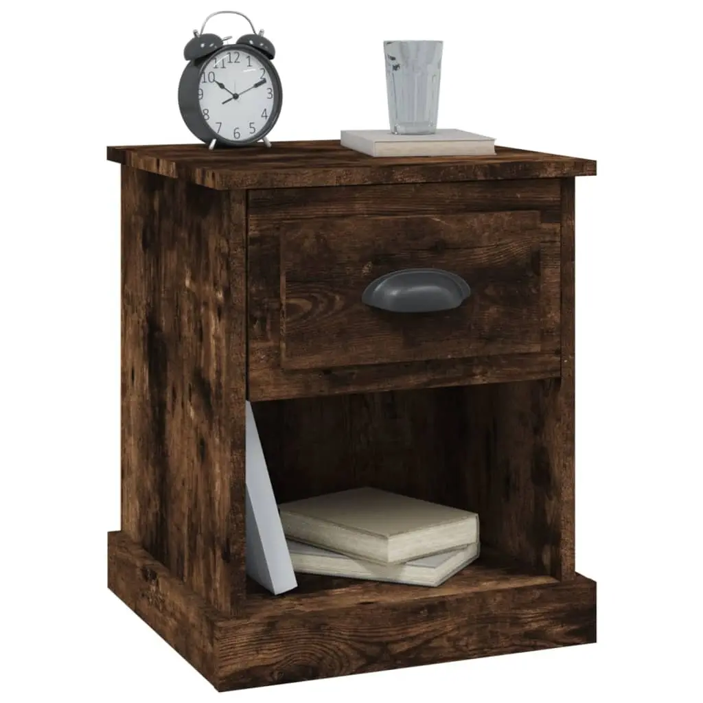Bedside Tables Smoked Oak 2 Piece Engineered Wood Nightstand Drawer Side Table