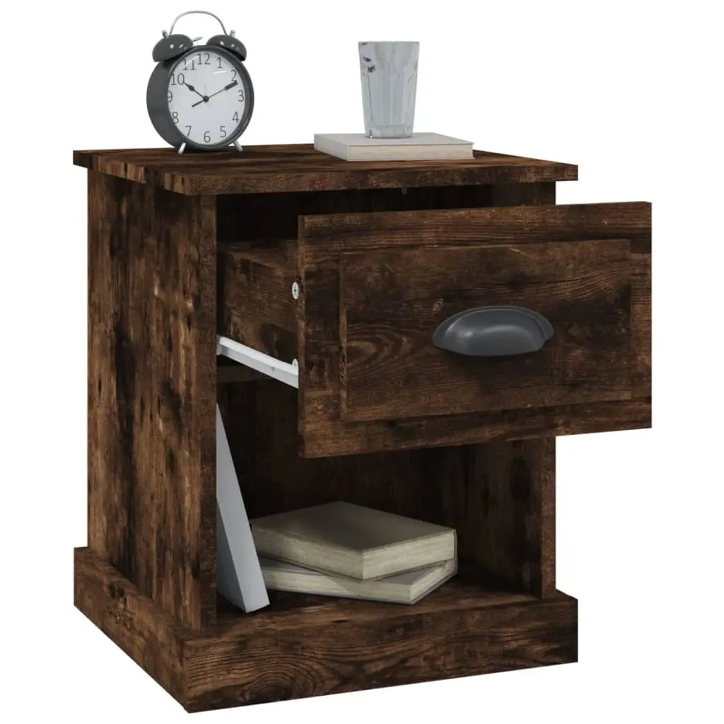 Bedside Tables Smoked Oak 2 Piece Engineered Wood Nightstand Drawer Side Table