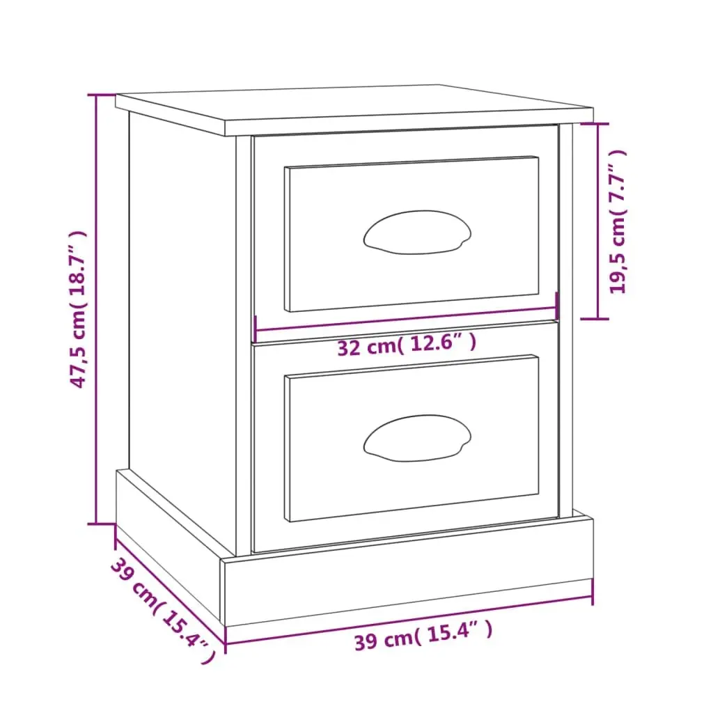 Black Nightstand Engineered Wood 39x39x47.5cm with 2 Storage Drawers Bedside Table