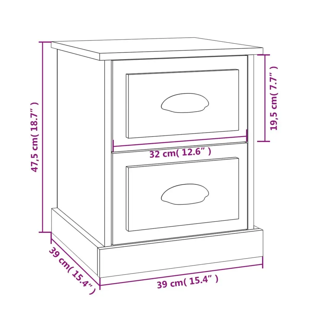 Bedside Cabinet White 2 Drawer Nightstand Engineered Wood