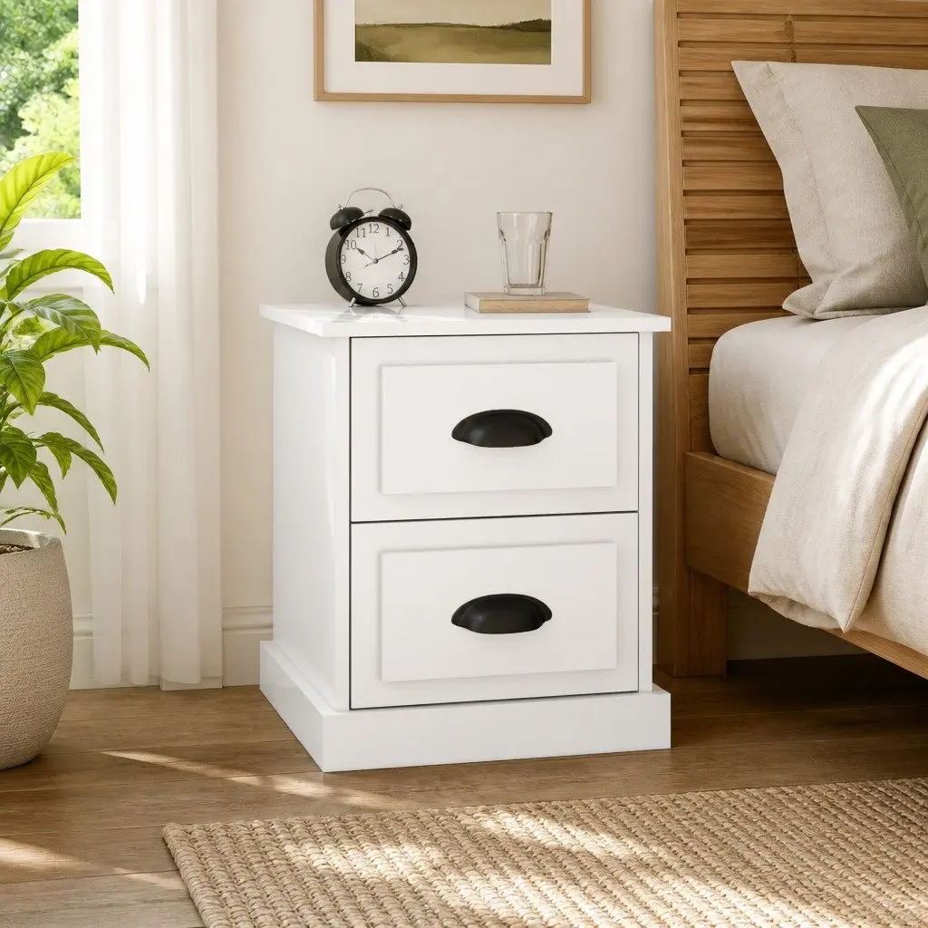 Bedside Cabinet 2 Drawer Nightstand White Gloss Engineered Wood