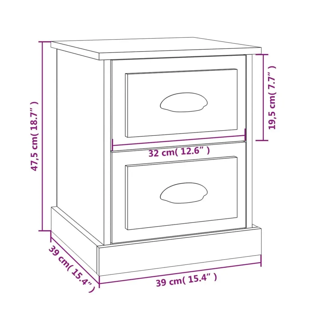 Bedside Cabinet Grey 39x39x47.5cm Engineered Wood 2 Drawer Nightstand Side Table Storage