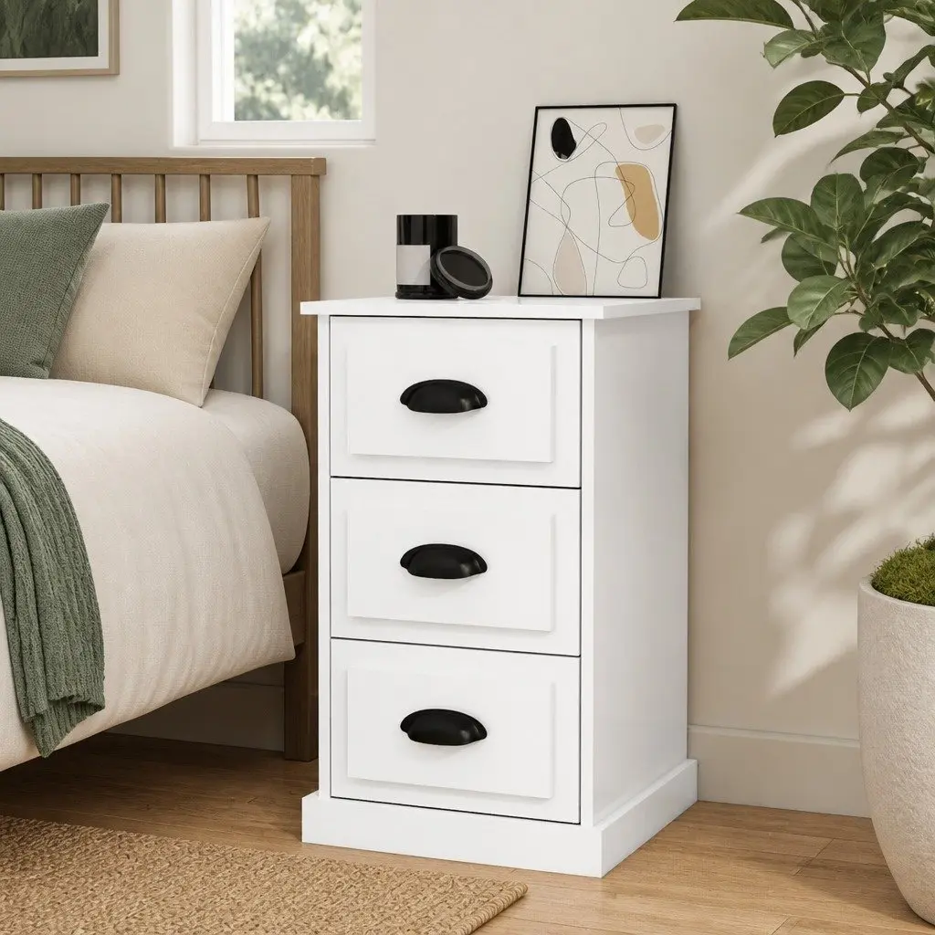 Bedside Cabinet White High Gloss 3 Drawer Engineered Wood Nightstand Storage Table